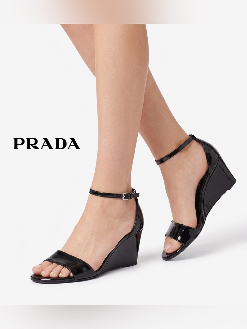 Vintage Prada Black Patent Leather Ankle-Strap Wedge Sandals Y2K- 8 (38)